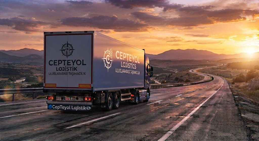 Gün batımında yolda ilerleyen CepteYol frigorifik tırı